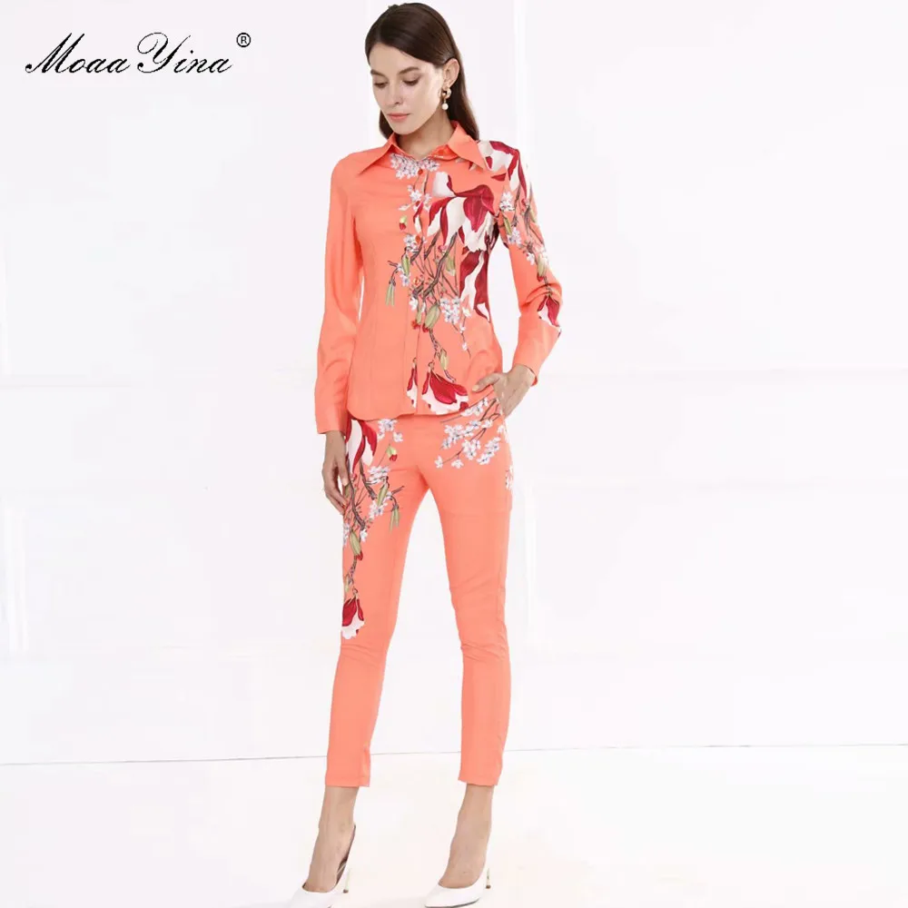 MoaaYina, модные дизайнерские женские весенне-осенние Рубашки с цветочным принтом, блузка+ брюки-карандаш, элегантный комплект из двух предметов