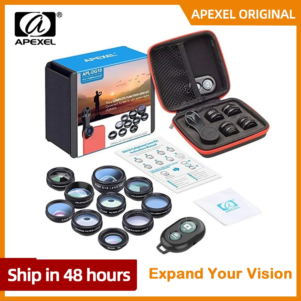APEXEL 10 in 1 Phone Camera Lens Kit Fisheye Wide Angle Macro Lens CPL