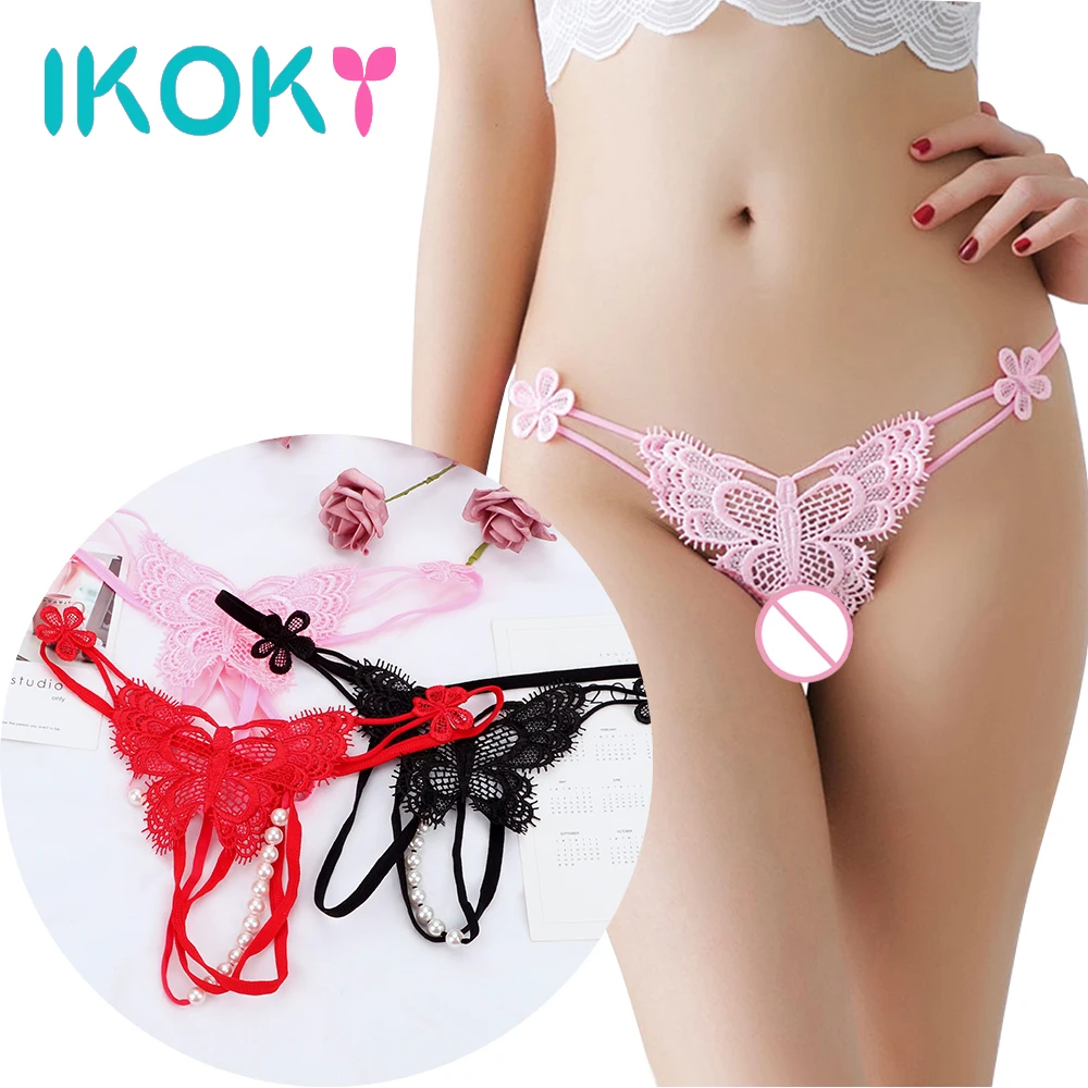 IKOKY Open Crotch Underwear Hot Erotic Sexy Panties Women Sexy Lingerie Faux Pearl Decor G-string Thong Panties