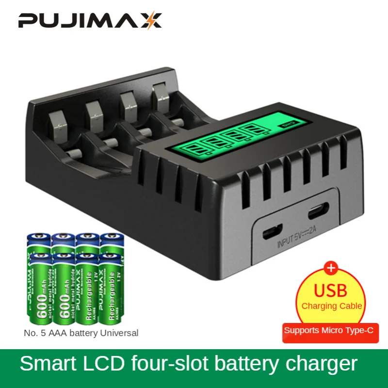 Battery Charger Fast Charger Battery Charger Adapter PUJIMAX Battery Charger With LCD Display 4 Slots Smart Fast Charging For 1.2V AA/AAA NiCd NiMh Rechargeable Battery