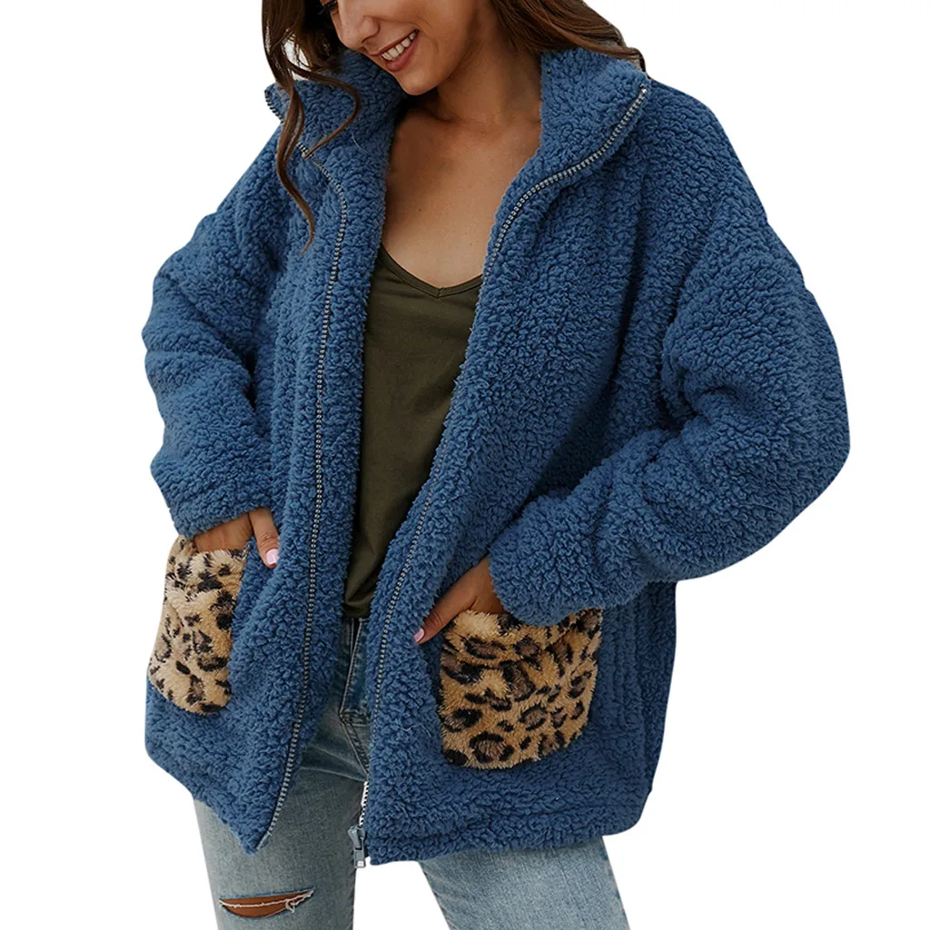 Jaycosin Fashion Women Winter Loose Wild Leopard Print Fleece Coat Stylish Long Sleeve Comfortable Soft Cardigan Zipper Coat22#4