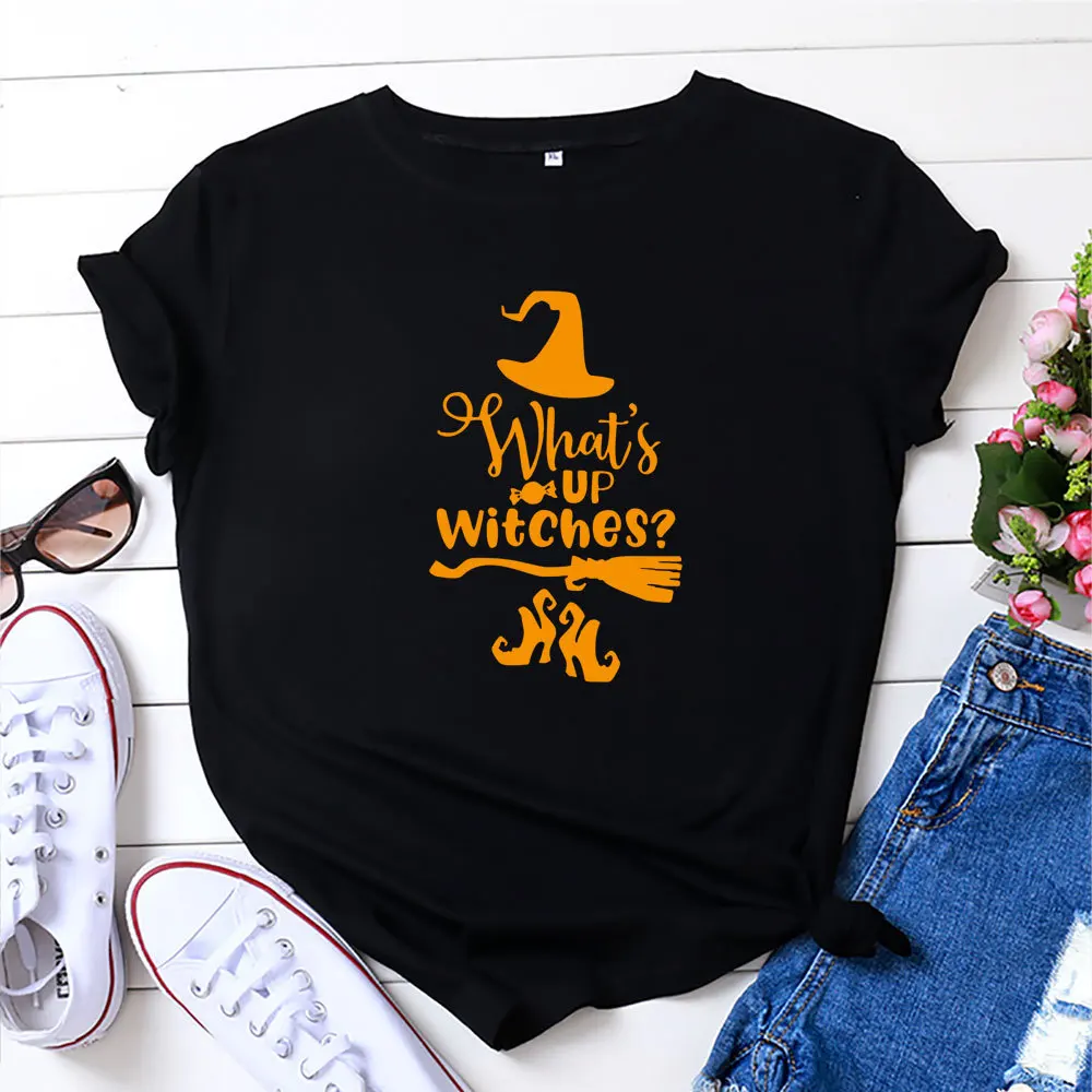 

100% Cotton Summer New Women's T-shirt O-Neck Harajuku Halloween What's Up Witches Top Casual Female T shirt Oversized