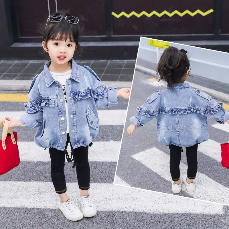 

19 Years Spring New Style Children Frilled Jeans Coat Girls Baby Western Style Denim Jacket 2215hc04