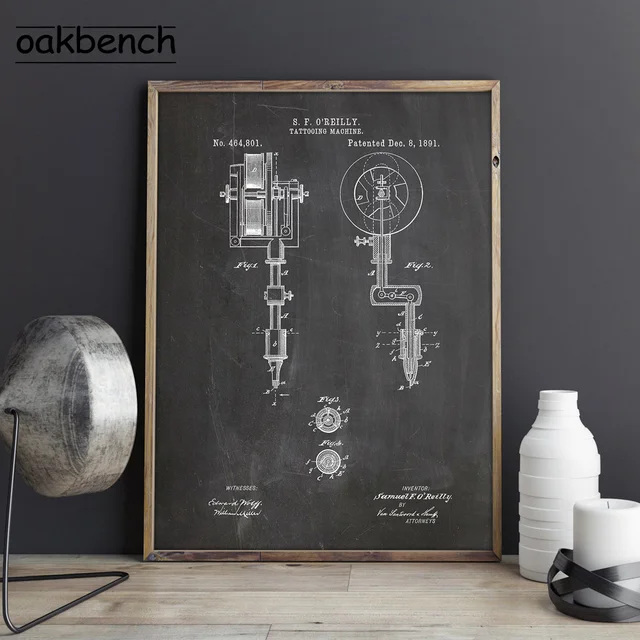 Tattoo Parlor Wall Art Canvas Painting First Tattoo Machine Patent Prints Vintage Blueprint Posters Wall Picture Home Decoration C