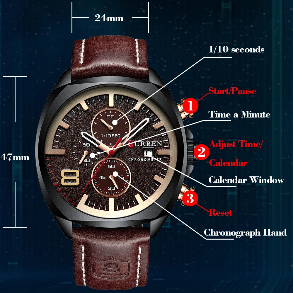 Top Selling Product in 2020 Mens Brown Leather Band Quartz Movement Black Steel Waterproof Watches