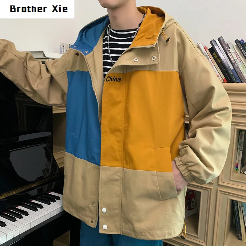 

Spring Jacket Men's Fashion Hit Color Casual Hooded Jacket Man Streetwear Wild Loose Hip Hop Bomber Jacket Mens Large Size M-5XL