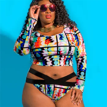 

2019 New Ladies Large Size Bikini Set Sexy High Waist Long Sleeve Bikini Swimsuit Plus Fertilizer To Increase Swimwear 5XL