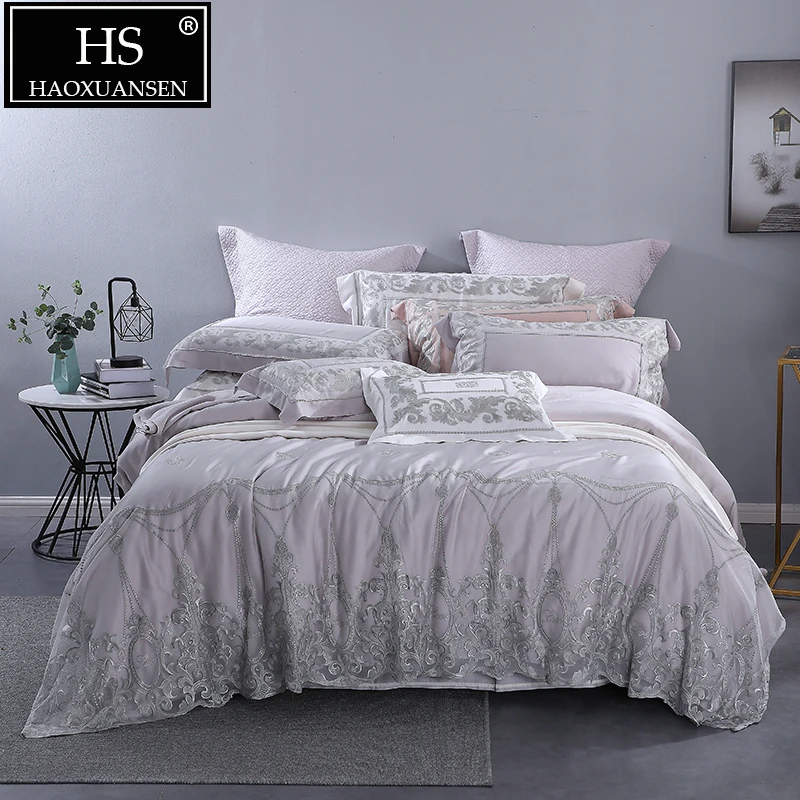 

Grey 100% Tencel Lyocell Lace Princess 4 Piece Bedding Sets 800 Thread Count Wedding Bed Sheet Set For Adult Bed Queen King Size