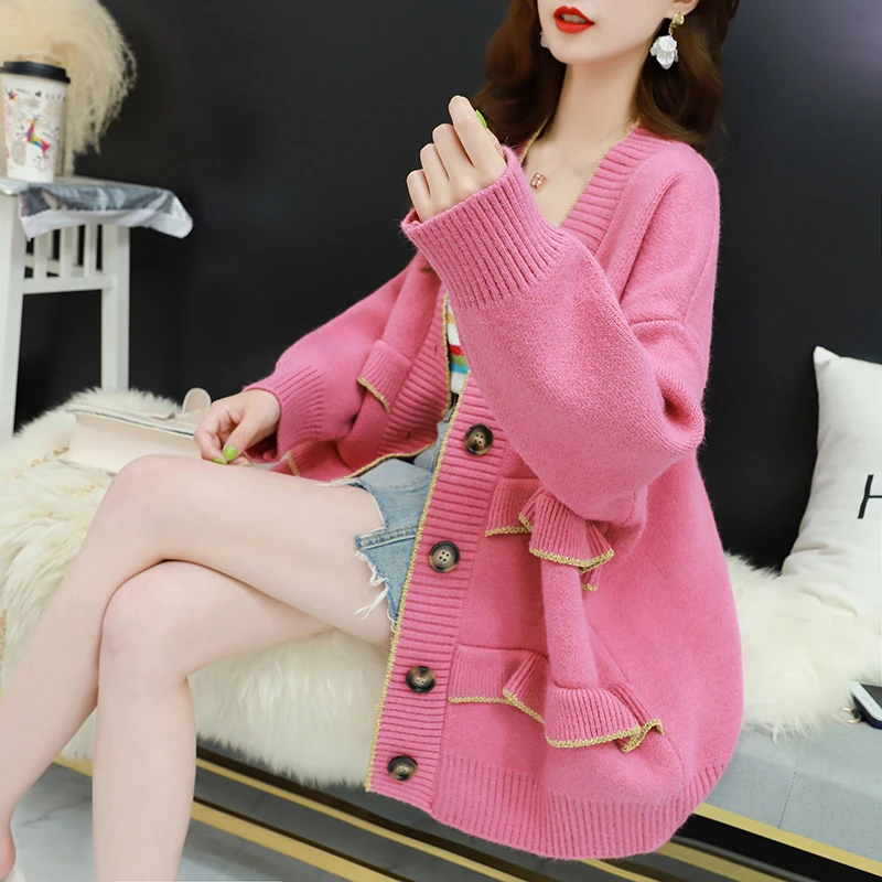 pink Новинка года; зимний женский свитер с оборками и кардиган; однотонные свободные плотные теплые женские износоустойчивые кардиганы - Цвет: pink