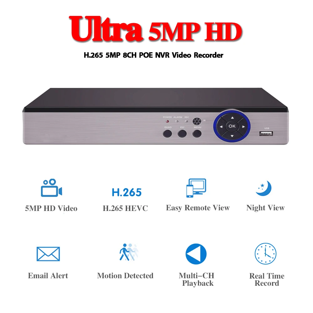AI Распознавание лиц 48V POE NVR 8CH 5MP/4MP видео-регистратор видеонаблюдения для POE IP камеры