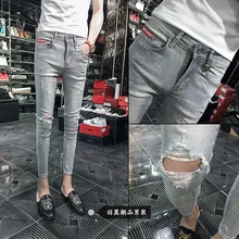 Летние мужские рваные джинсы в стиле хип-хоп с дырками, длина по щиколотку, модные трендовые мужские облегающие джинсы