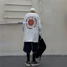 Camiseta que combina con todo para hombre, tops de manga larga, hip hop, letras de llama retro, Camiseta holgada de talla grande para pareja