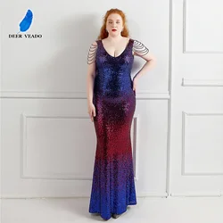 DEERVEADO Plus Size Long Evening Dress Mermaid V Neck Sequins Formal Dress Women Evening Gown Robe De Soiree K16180