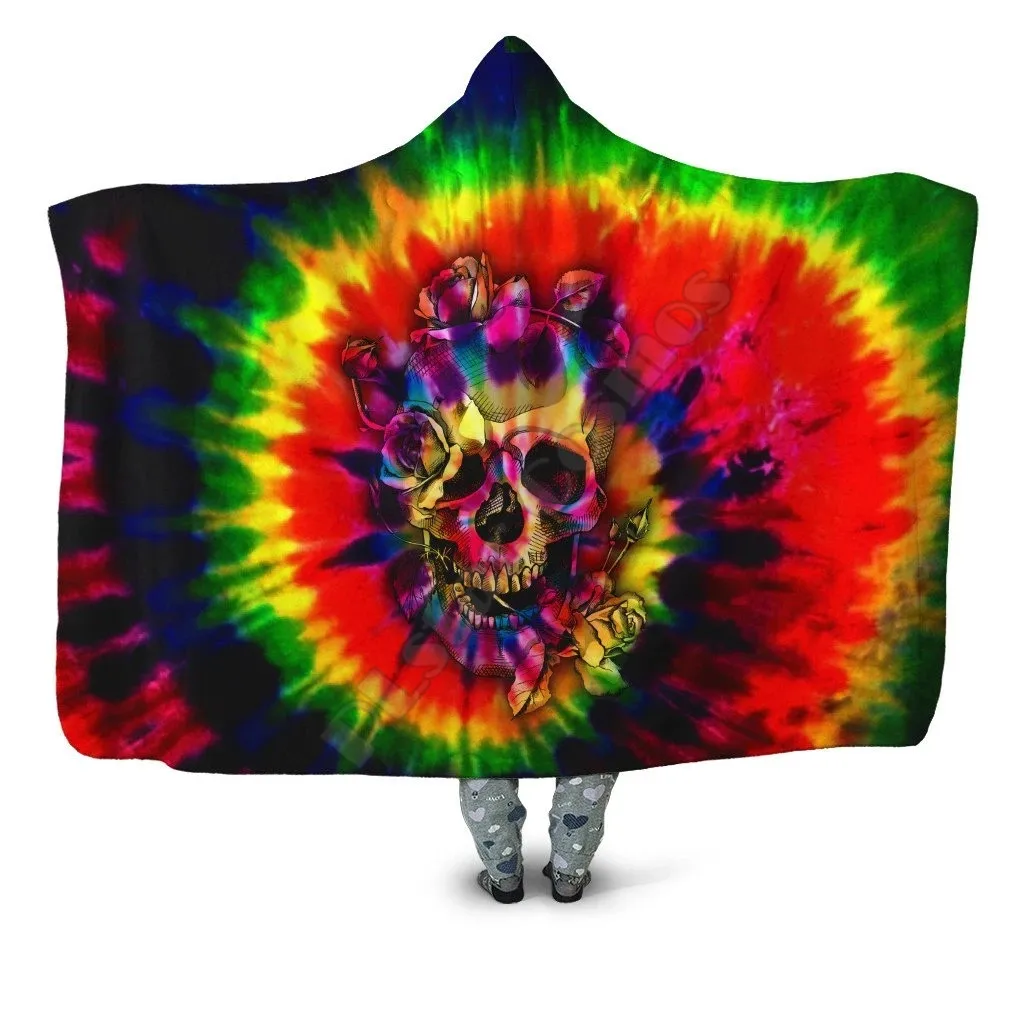 

Tie Dye Skulls Hooded Blanket 3D Over Printed Wearable Blanket for Men and Women Adults Kids Fleece blanket