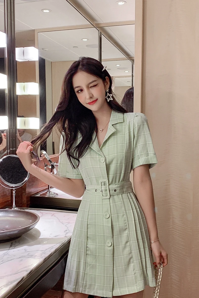 Korean Summer Green Plaid Pleated Mini Short Dress Women Fashion Women  Clothes 2021 Ladies Blazers Single Breasted Dresses|Dresses| - AliExpress