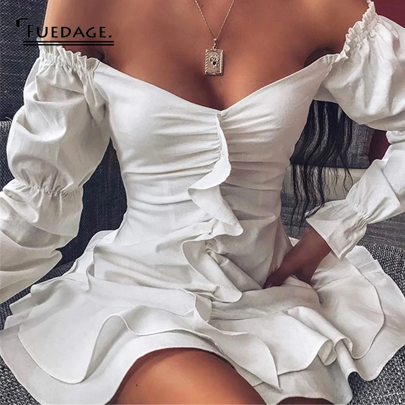 Fuedage Осень Зима оборками сексуальное платье для женщин slah Neck лепесток рукав Ruched белые платья с длинным рукавом Мини платье Vestidos