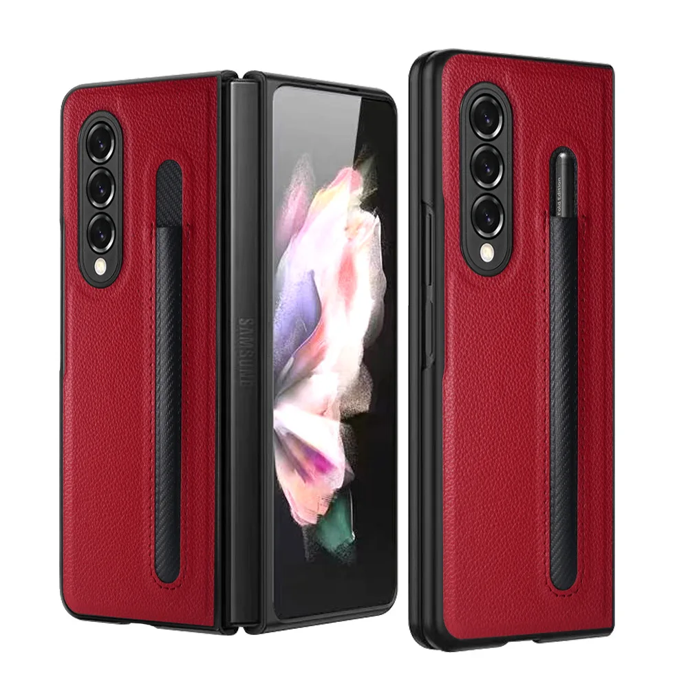 Fashion Leather Lychee pattern Pen slot case for Samsung Galaxy Z Fold 3 PU+PC Cover Anti-knock luxury Cases for Fold3 F9260 samsung z flip3 case