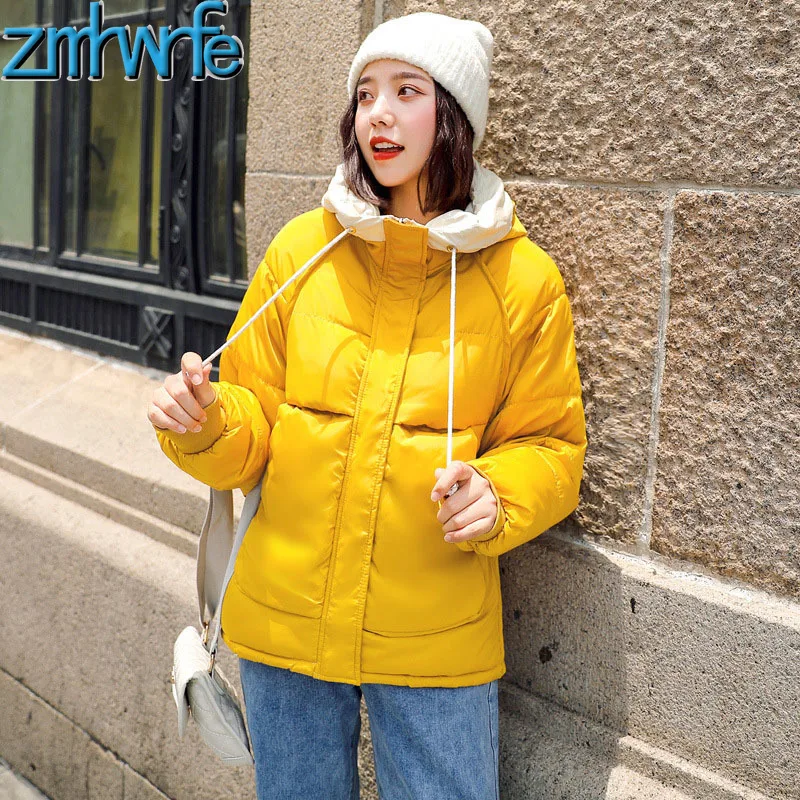 

Contrast Color Patchwork Winter Down Cotton Jacket for Women Chic 2019 New Hooded Short Cotton Padded Quilted Coat Parkas Mujer
