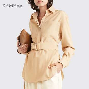 

2019 Autumn Women Khaki POLO Shirt Turn-down Collar Waist Belt Lace-up Long Sleeve Top Fashion Korean Style Ladies Office Blouse