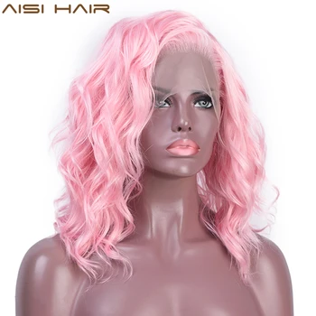 

AISI HAIR Front Lace Wigs for Women Pink Color Short Water Wave Synthetic Lace Wigs Free Part Natural Cosplay Bob Wigs