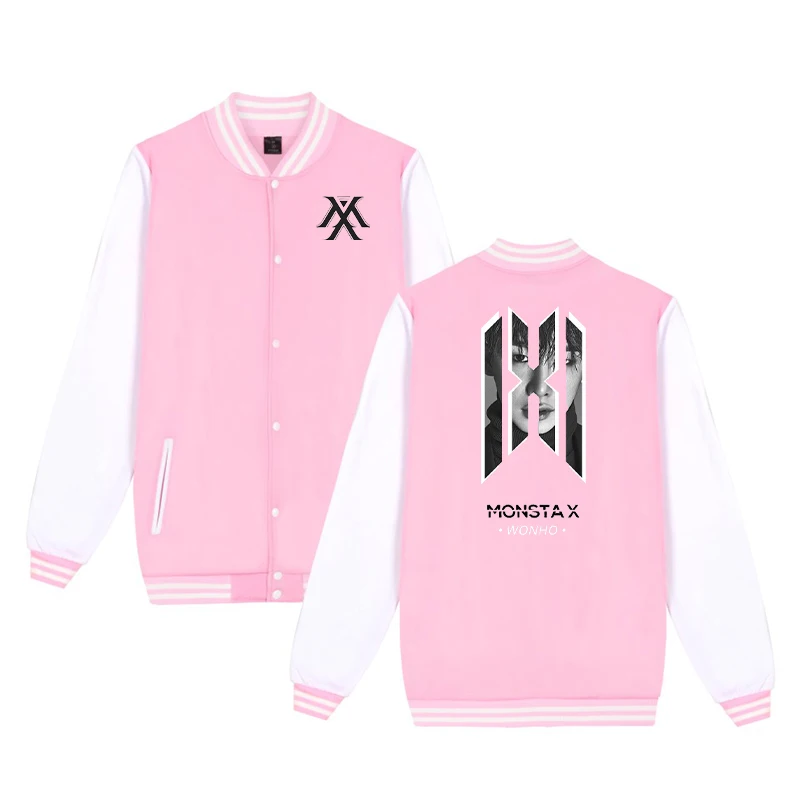 Горячая MONSTA X бейсбольная куртка Женская толстовка хлопок флис Розовый Мужская/Женская мода куртка бейсбольная форма размера плюс Новинка