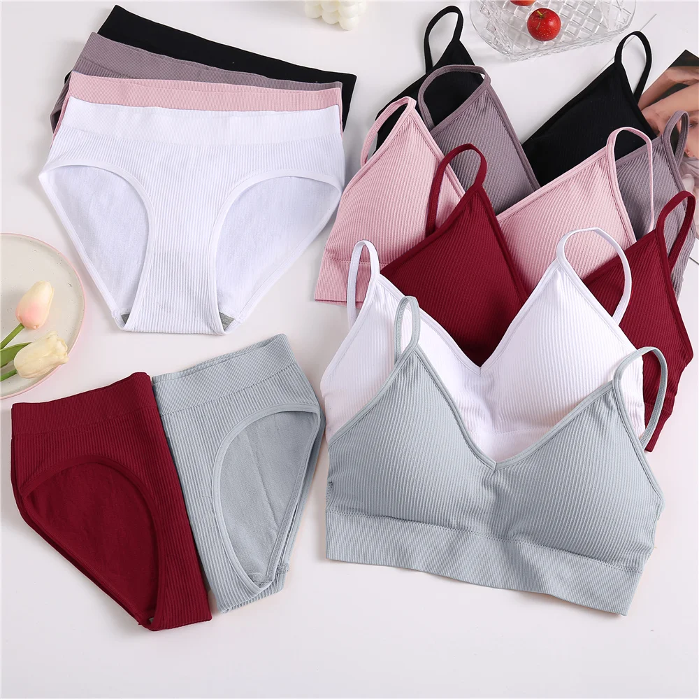 Fashion Seamless Bra Set Women Panties + Wireless Bras Underwear Set Basic Crop Tops Camisole Tank Briefs Intimate Lingerie Suit