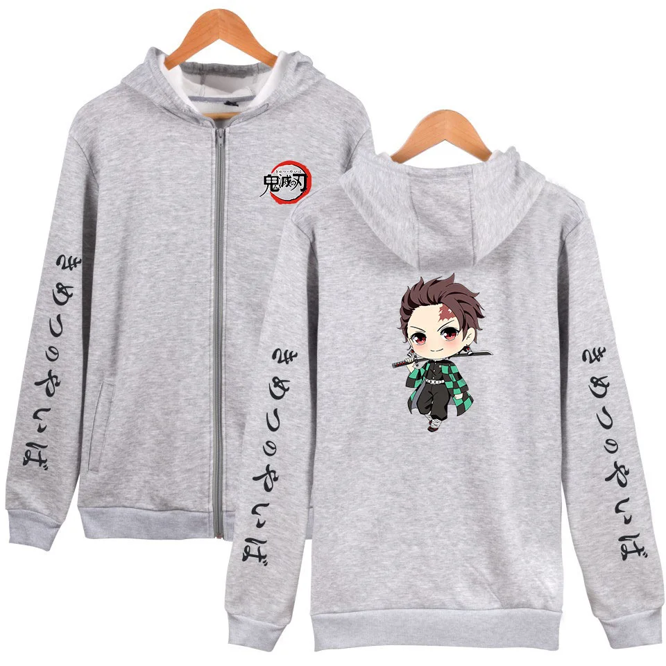Gray Аниме Demon Slayer Kimetsu no Yaiba флисовая куртка пальто с принтом пальто с длинными рукавами и куртки размера плюс толстовки на молнии - Цвет: Gray