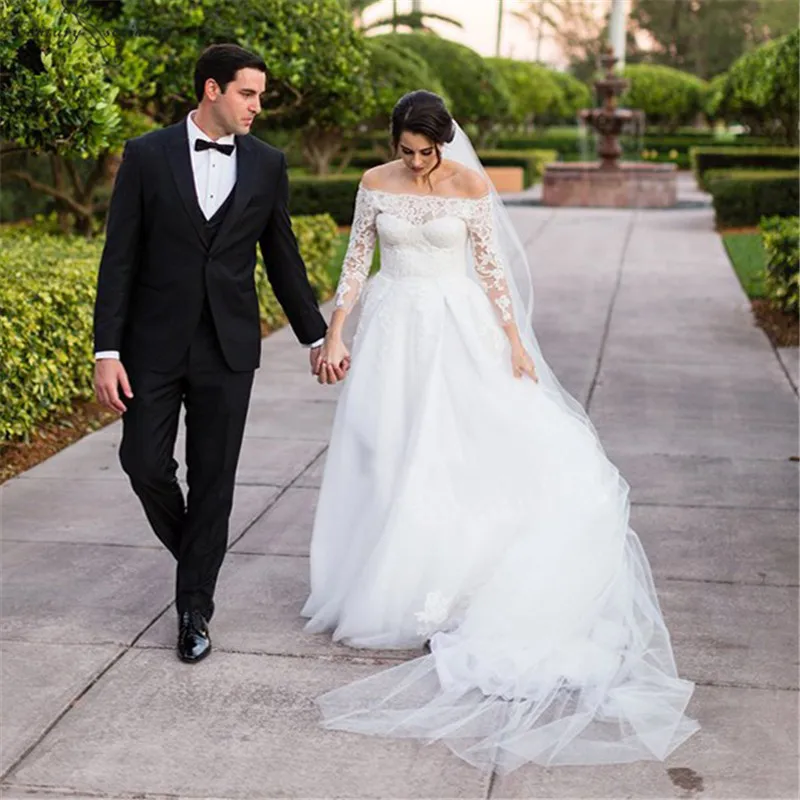 

Plus Size Lace Wedding Dresses Long Sleeves Lace Appliques Zipper Off Shoulder Bride Dress Bridal Gowns Vestido De Noiva Cheap