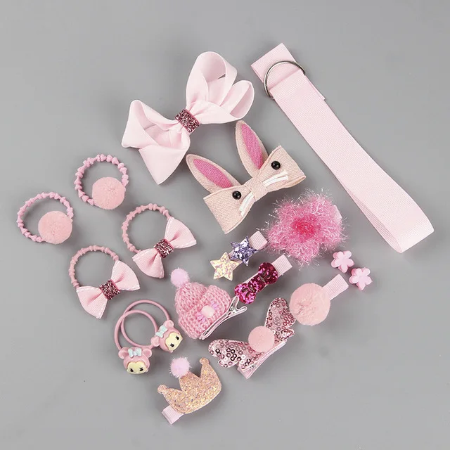 18/24 Pcs/Set Children Hair Clip Set Baby Head flower Fabric Bow Barrettes Hair clips Girl Elastic hair Headband Headdress Gift 18pcs--B