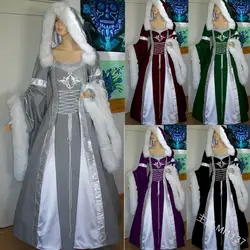 2019 зимние женские средневековое платья с мехом на капюшоне для зрелого возраста Костюмы Эпохи Возрождения винтажное длинное платье для