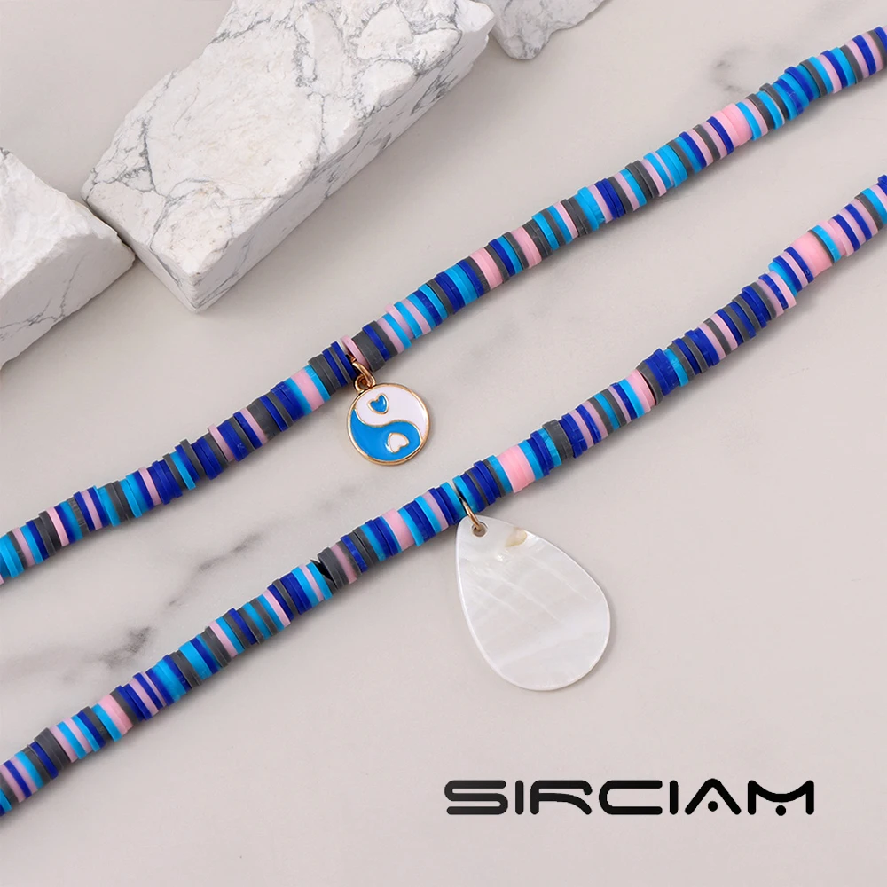 2021 New Blue Glazed Yin Yang Shell Clay Beaded Necklace For Women Soft Pottery Bead Choker Layered Necklaces Vacation Jewelry | Украшения