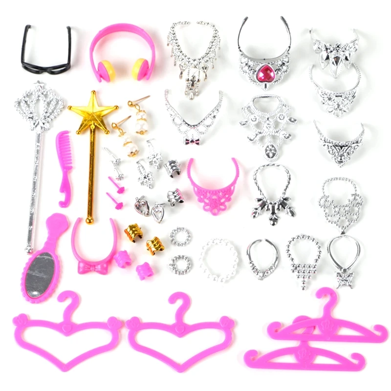 

38pcs/Set Barbi Doll Accessories Simulation Jewelry Necklace Crown Earrings Pink