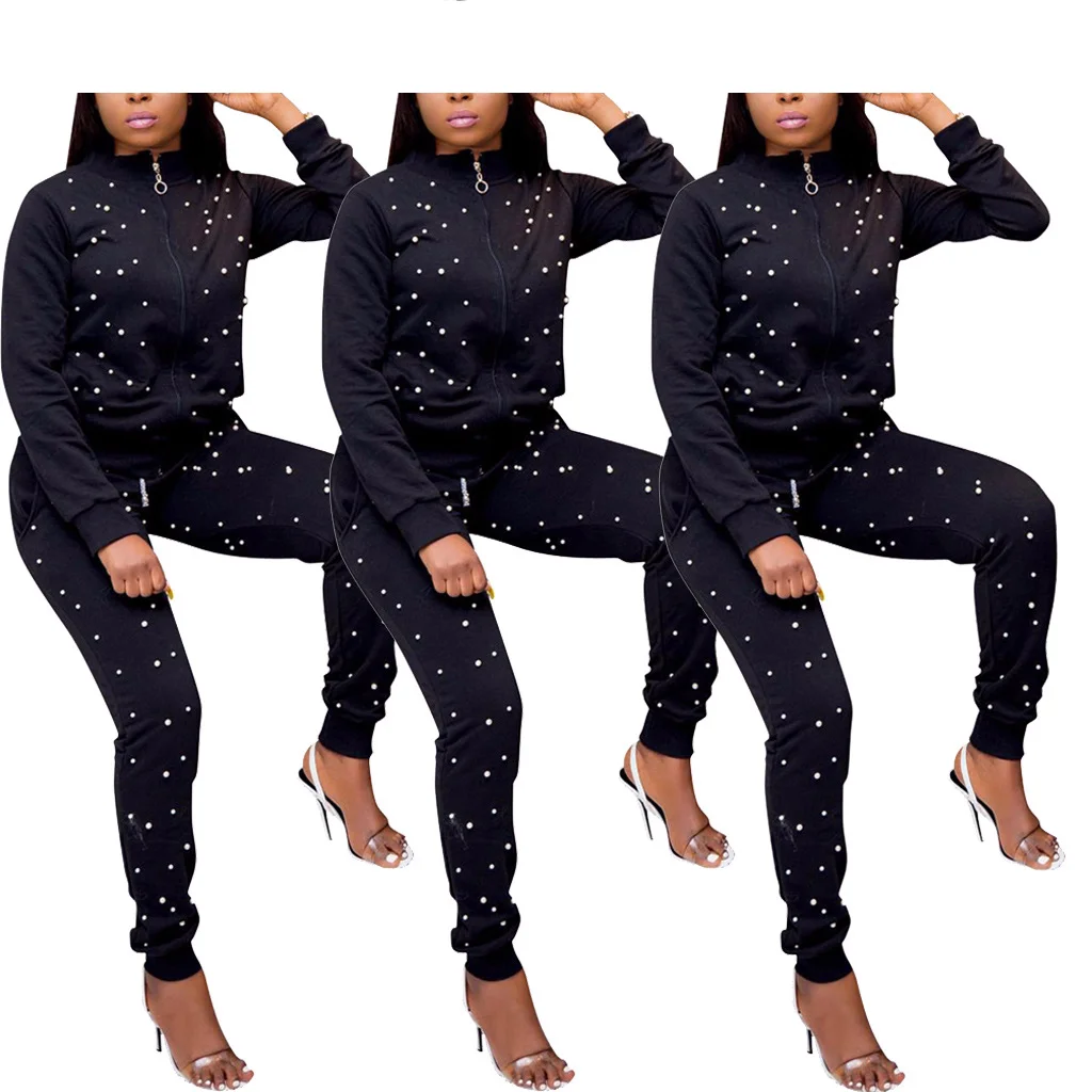 

Women'S Autumn And Winter Zipper Jacket Suit Polka Dot Long Sleeve Solid Color Casual Sports Sweater Hoodie Suit Sportswear