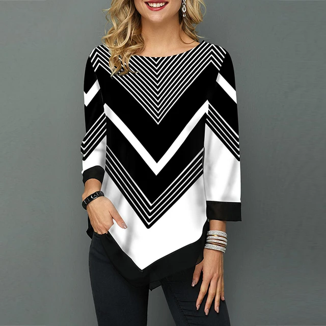 US $8.64 Irregular Hem Striped Womens Tops And Blouses Casual O Neck Three Quarter Sleeve Blouse Shirt Summe