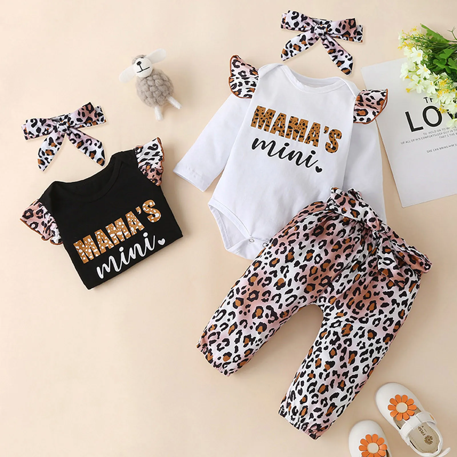 

0-24Months MAMA'S mini Newborn Infant Baby Letter Print Bodysuit Tops Leopard Pants Outfits+Headbands ×ª×™× ×•×§×•×ª ×‘× ×•×ª fashion M4