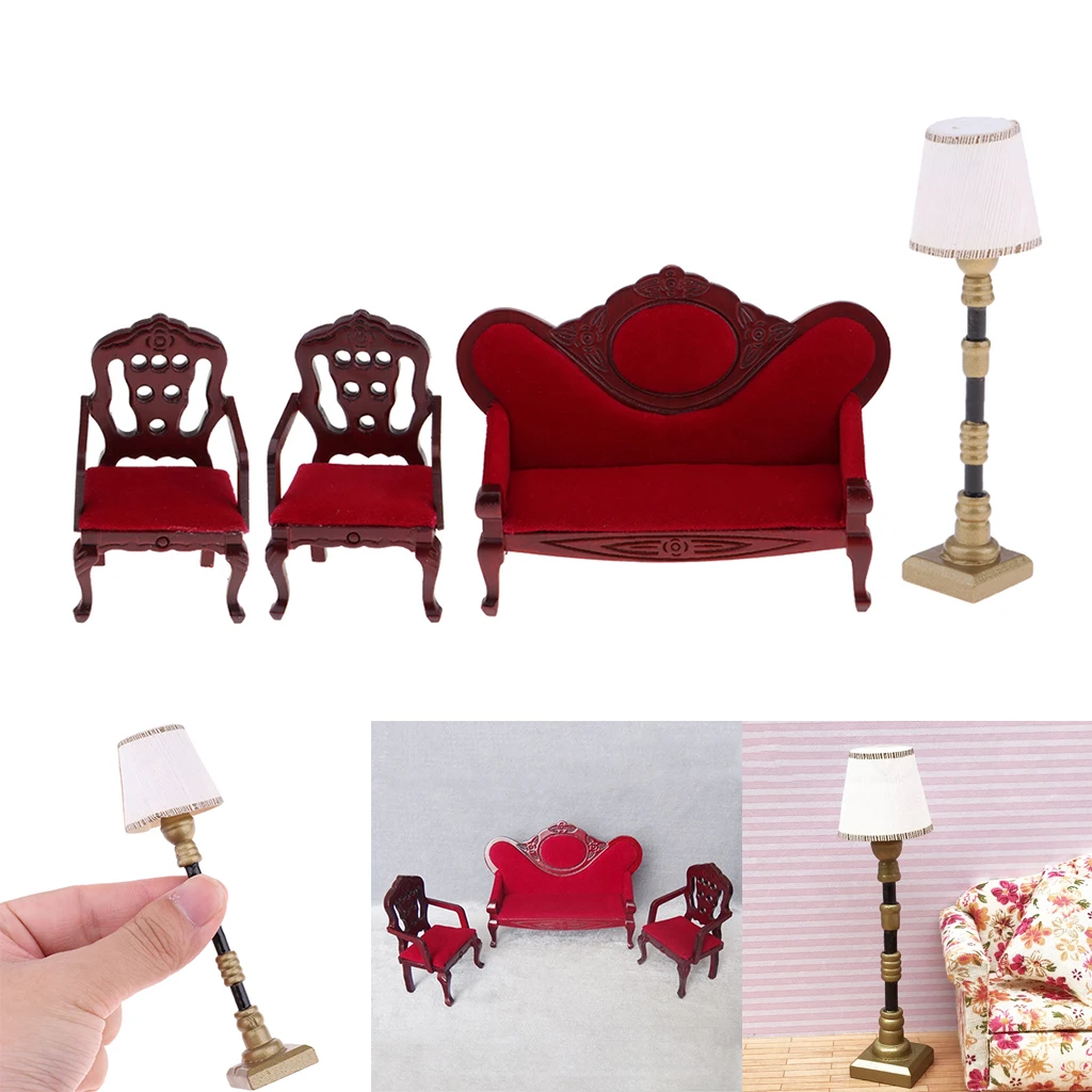 1/12 Dollhouse Miniature Furniture Sofa Couch Chair & Floor Lamp Light Decoration Accessories Model Toy