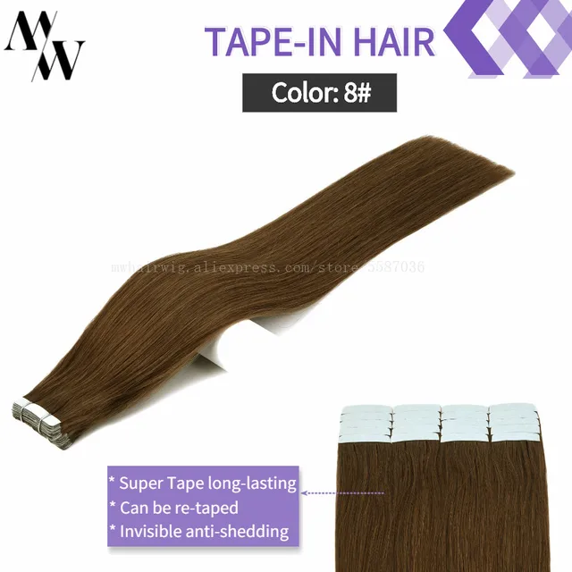 MW Double Drawn Remy Tape In Human Hair Extensions 100% Real Skin Weft Adhesive Glue On Seamless Natural Hair 16/20/24 Inches #8