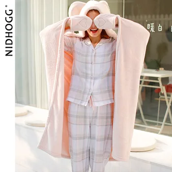 

Winter Cute Rabbit Hooded Grey Long Ears Lazy Blanket Flannel Warm Thickened Cape Cartoon Lingerie Robe Plus Size Bathrobe
