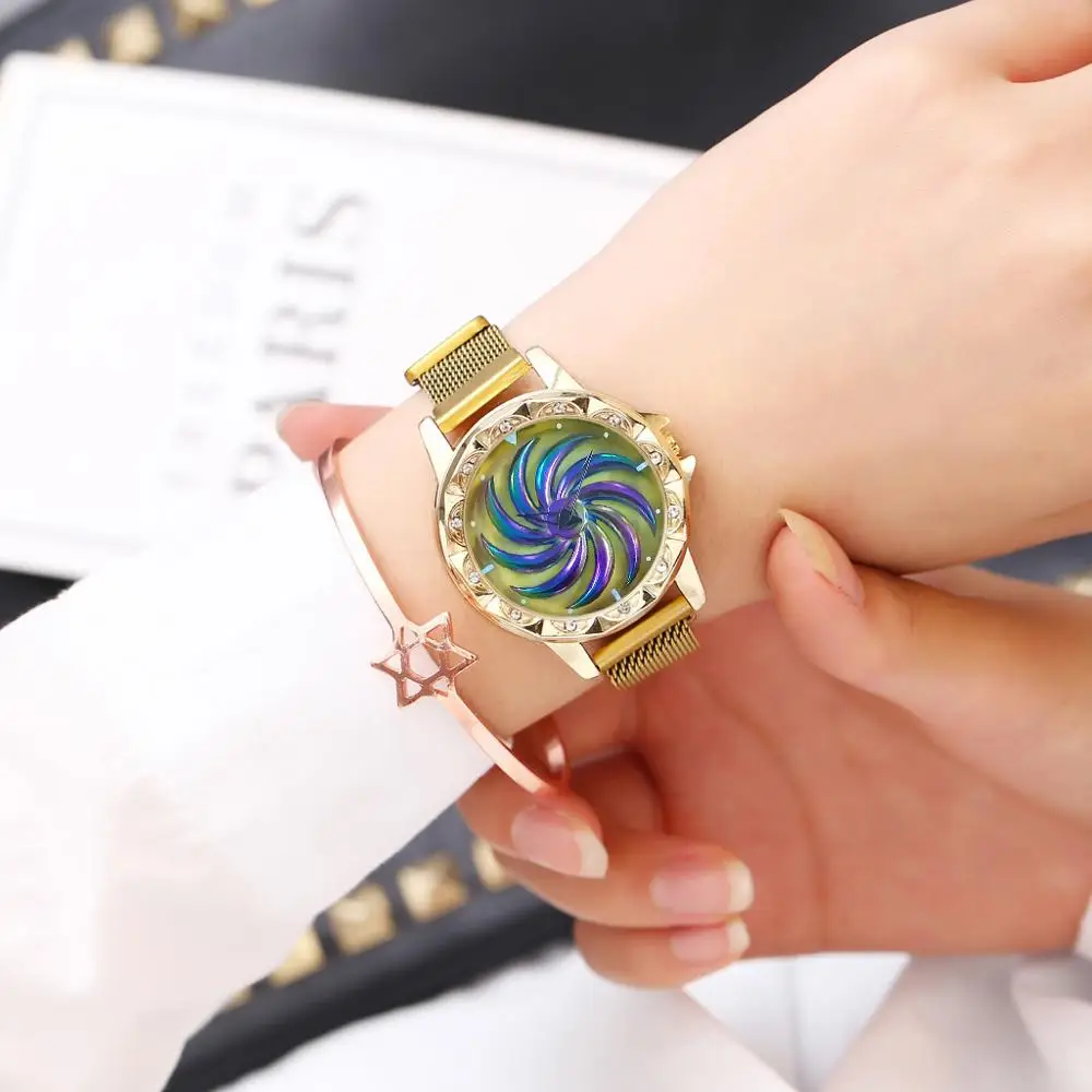 

Hot Sell Fashion Magnetic Buckle Stainless Steel Dial Rotating Watch Ladies Quartz Watch Round Wristwatch Clock Gift Relogi#W
