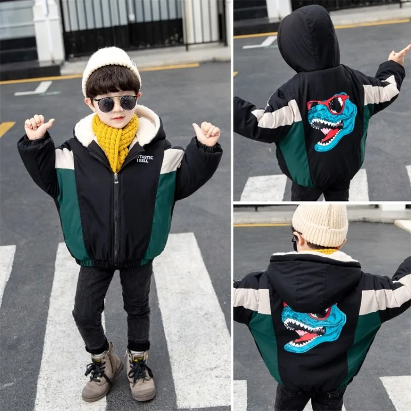 

2019 Cotton Padded Jackets For Boys Kids Hooded Warm Thick Outerwear Dinosaur Cartoon Winter Jackets Boys Children's Coat 3-8T