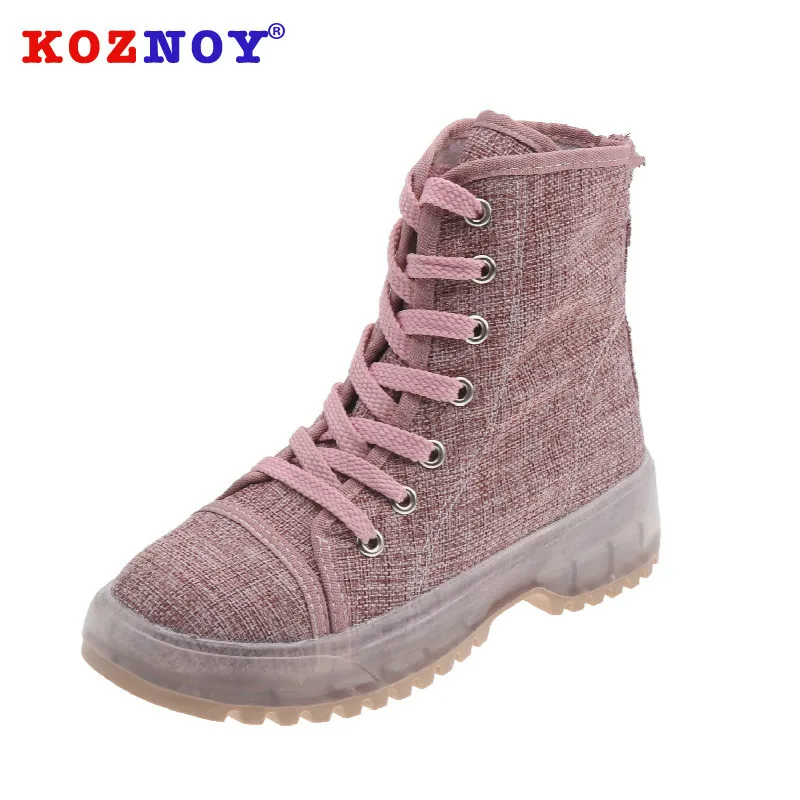 

Koznoy Women Boots Spring Autumn Fashion Flat Bottom Dropshipping Breathable Solid Rubber Cross Tied Lace Med Heel Women Boots