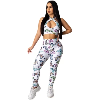 

Butterfly Print Sexy Bodycon Two Piece Set Women Summer Tracksuit 2 Piece Set Backless Crop Top and Long Pant Set Club Outfits