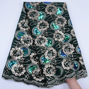 

Heavy Work Velvet African Dry Lace Fabric Green French Sequins Mesh Lace Fabrics With Sequins For Party Wedding Dress F1753