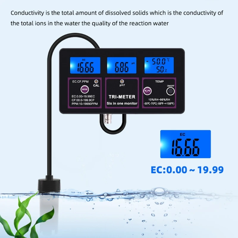 

6 in 1 Multi-parameter pH/ ORP/ EC/ CF/ TDS PPM/ Temperature Combo Tester Meter
