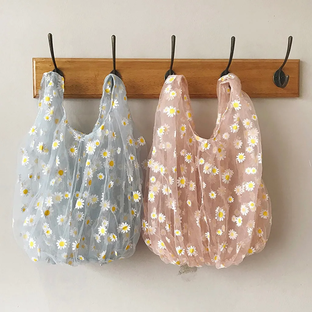2020 Spring Women Small Transparent Tote Mesh Cloth Bag Daisy Embroidery Handbag High Quality Eco Fruit Purse For Girls |