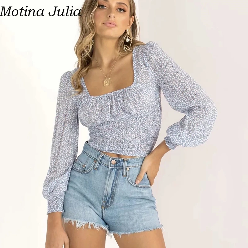 

Motina Julia Sexy print short crop top female Autumn floral chiffon blouse women Casual beach elegant blusas
