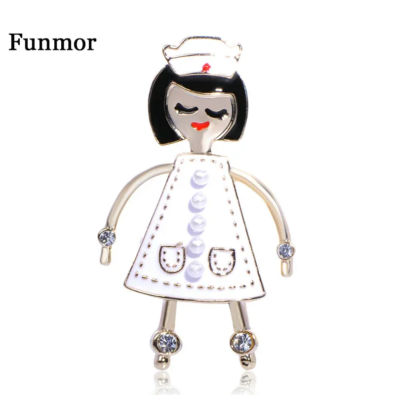 

FUNMOR Lovely Smile Nurse Girl Shape Brooch Imitation Pearl Crystal Enamel Badge Women Party Collar Clips Scarf Uniform Bijoux