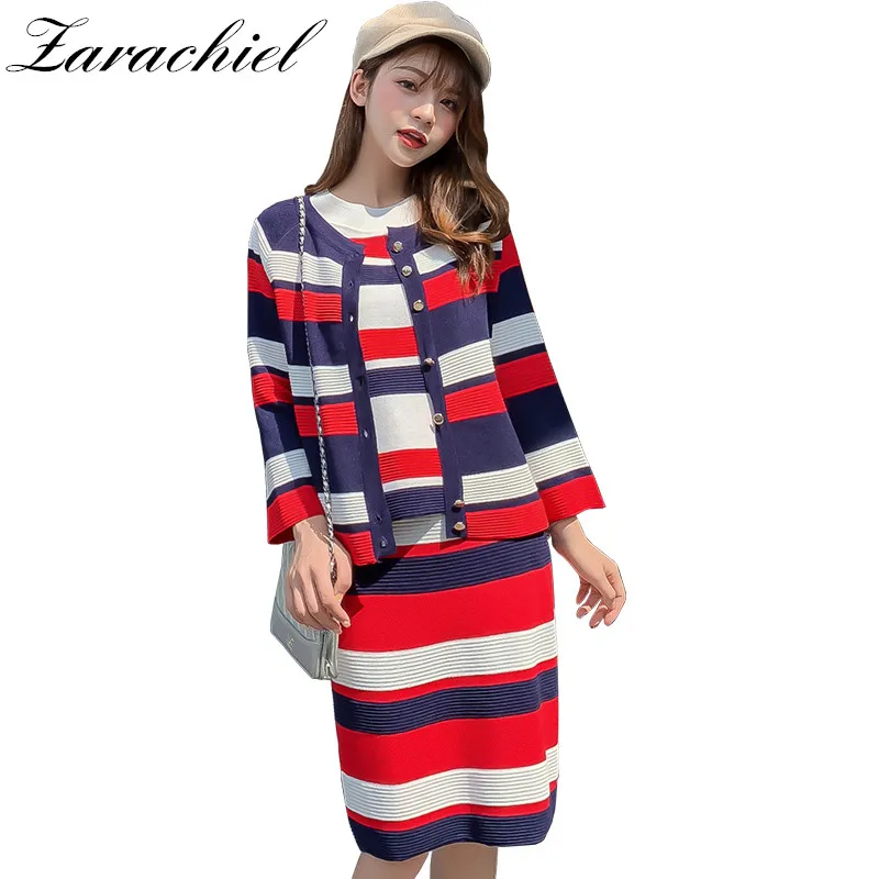 

2019 Autumn Trend Striped 2 Piece Knitted Clothing Set Women Runway Single-Breasted Cardigans Jacket+Short Sleeve Knit Dress