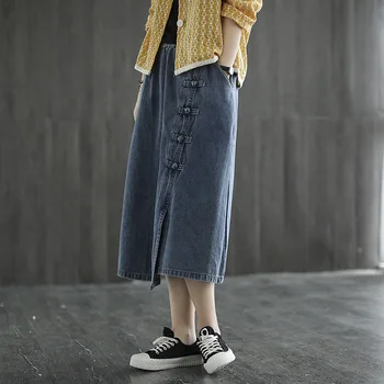 

2020 Autumn Skirt Women Elastic Waist Loose All-match Denim Skirt New Casual pocket Button Retro Skirt
