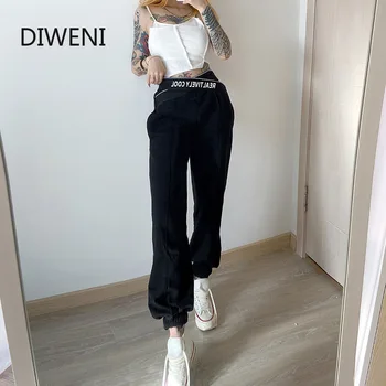 

Women Pants Hip Hop Black 2020 Streetwear Casual Loose High Waist Letter Printed Pockets Jogger Pants Cool Trousers